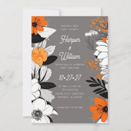 Contemporary blommor, svart, vit, orange bröllop inbjudningar
