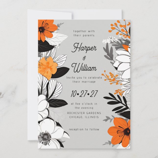 Contemporary blommor, svart, vit, orange bröllop inbjudningar (Framsida)