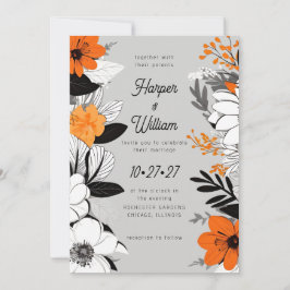 Contemporary blommor, svart, vit, orange bröllop inbjudningar