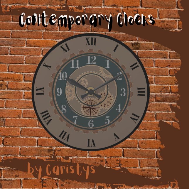 Contemporary Brown, Black Steampunk Wall Clock Stor Klocka (Contemporary Clocks available in various colors.)