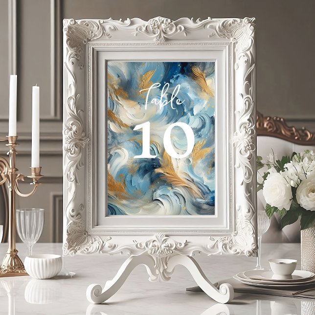 Contemporary Elegance: Blue White Guld Bordsnummer (Contemporary Blue, White, Gold Elegance table number card.)
