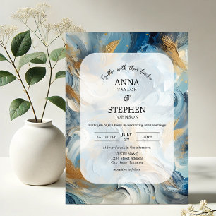 Contemporary Elegance: Blue White Guld Bröllop Inbjudningar
