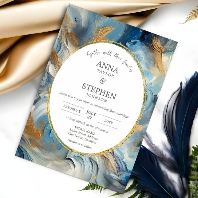 Contemporary Elegance: Blue White Guld Bröllop Inbjudningar (Contemporary elegance in colors of blue, white, and gold wedding invitation design front view.)