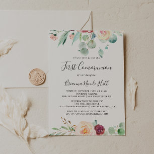 Contemporary Eucalyptus Blommigt First Communion Inbjudningar