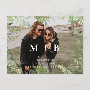 Contemporary Foliage Monogram Photo Save Date Vykort