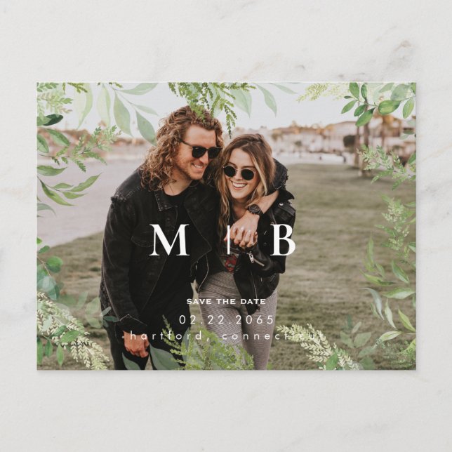 Contemporary Foliage Monogram Photo Save Date Vykort (Framsida)