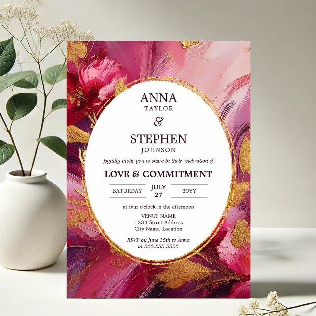 Contemporary Fuchsia Elegance åtagandeceremoni Inbjudningar (Contemporary Elegance in Fuchsia brushstroke commitment ceremony invitation front)