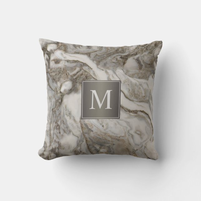 Contemporary Grått Marble Mönster med Monogram Kudde (Framsida)