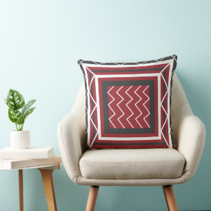 Contemporary Grått White Red Square Chevron Rand Kudde