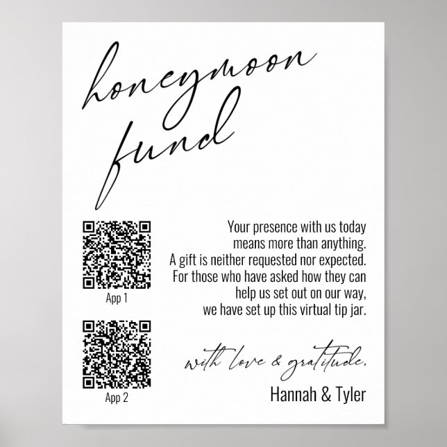 Contemporary Honeymoon Fund QR Codes Simple Sign Poster (Framsidan)
