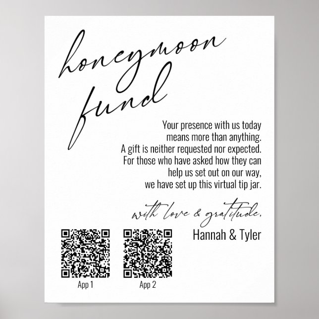 Contemporary Honeymoon Fund QR Codes Simple Sign Poster (Framsidan)