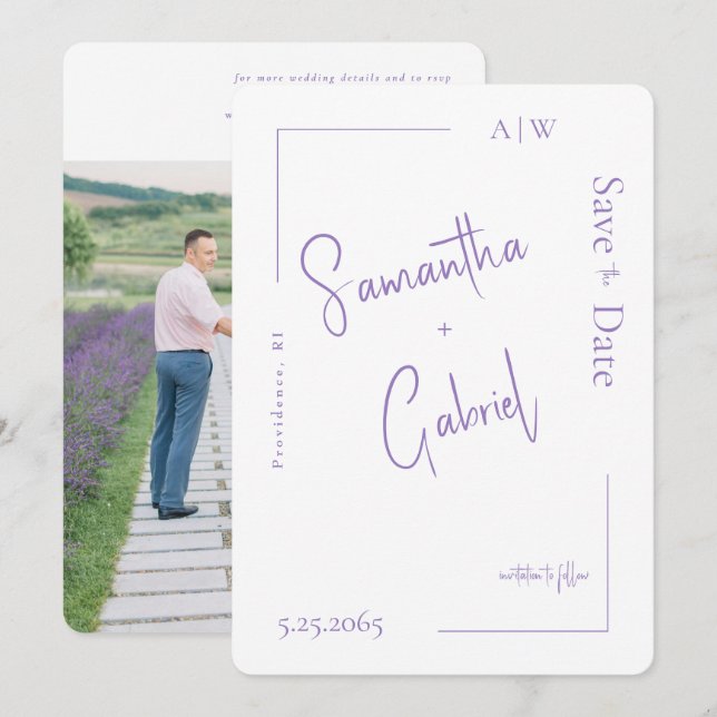 Contemporary Lavender Photo Bröllop spara datum Datumet (Fram/baksida)