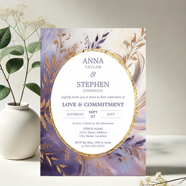 Contemporary Lila Elegance Commement Ceremony Inbjudningar (Contemporary Purple Lavender Elegance Commitment Ceremony invitation front in situ)