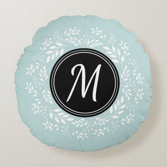 Contemporary Ljusblått Blommigt Utandning Monogram Rund Kudde (Framsidan)