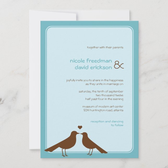 Contemporary love birds blå bröllopsinbjudan inbjudningar (Framsida)
