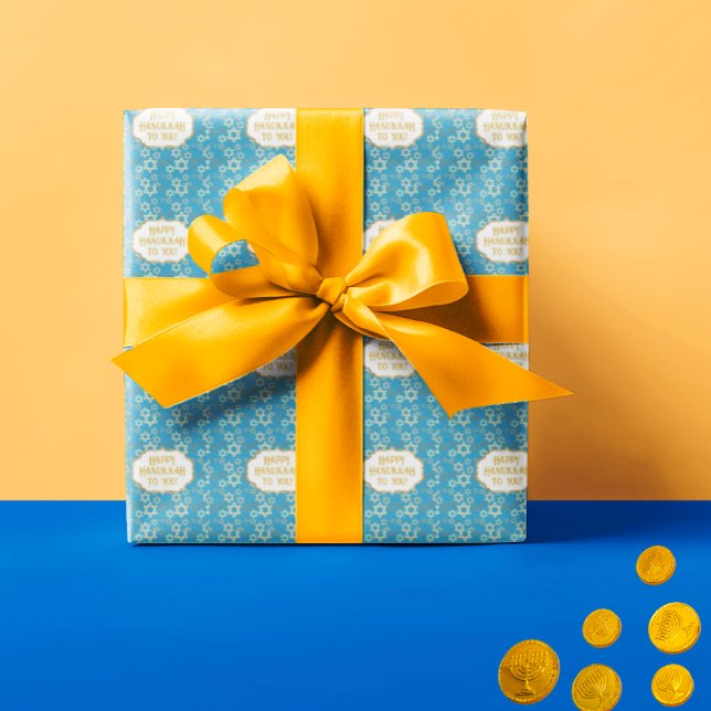 Contemporary Lycklig Hannukah Star of David Presentpapper (Stars of David on blue background wrapping paper.)