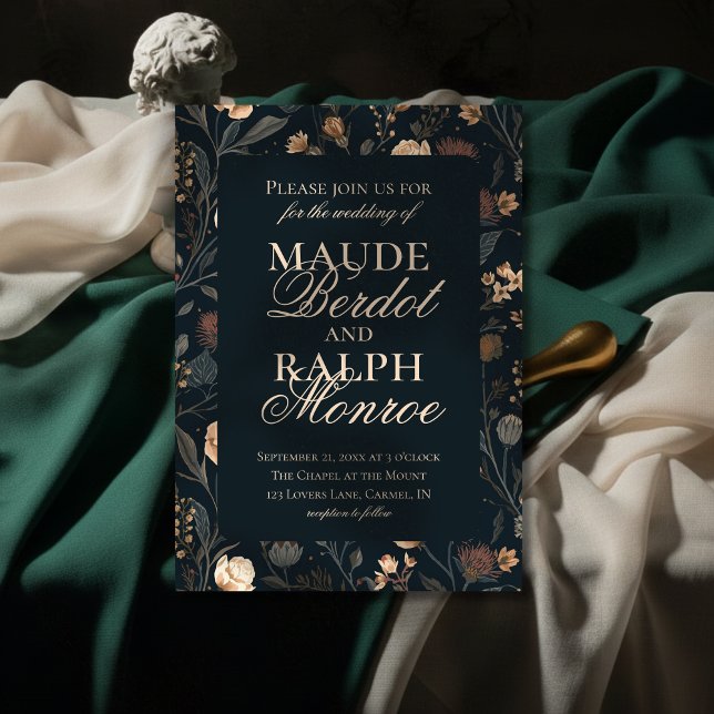 Contemporary Modern Black Floral Wedding Inbjudningar (Announce your celebration with timeless elegance using this Contemporary Floral Wedding Invite!)