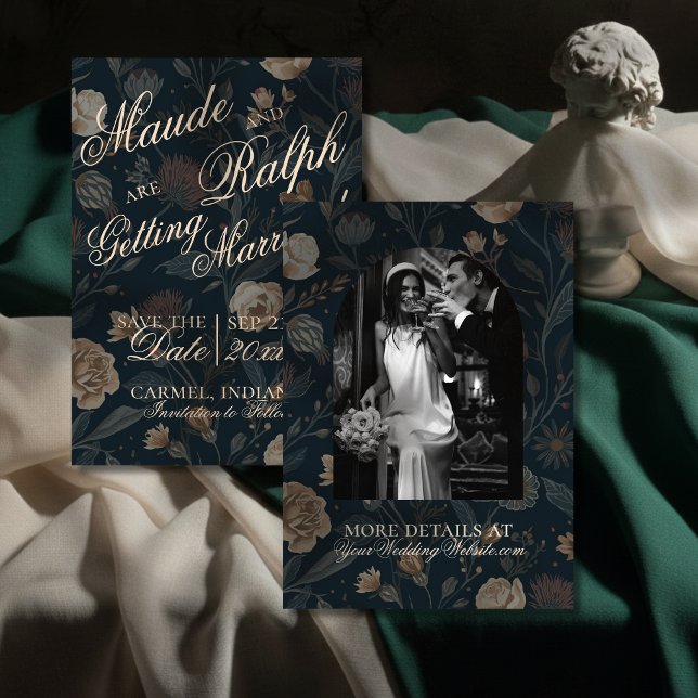 Contemporary Modern Photo Black Floral Wedding Spara Datumet (Announce your celebration with timeless elegance using this Contemporary Black Floral Save the Date!)
