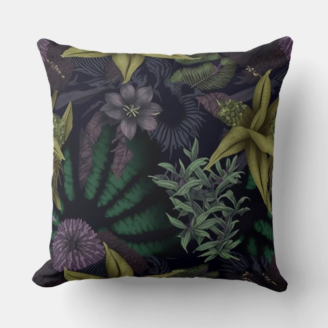 Contemporary Mörk Blommigt Botanisk Lila och Grönt Kudde (Framsida)