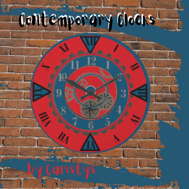 Contemporary Red and Blue Steampunk Wall Clock Stor Klocka (Contemporary Clocks available in various colors.)