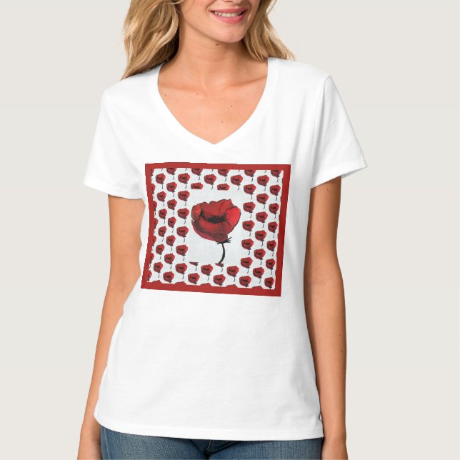 Contemporary Red Poppies Blommigt Art T-Shirt (Framsida)