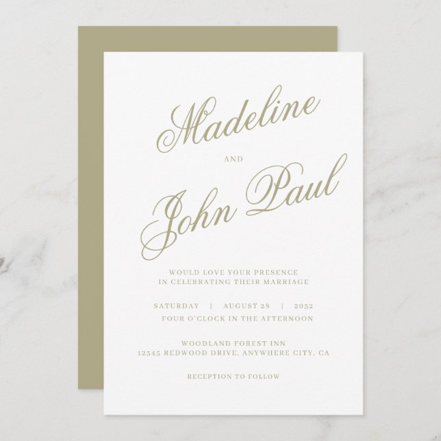 Contemporary Sage Grönt Calligraphy Bröllop Inbjudningar (Fram/baksida)