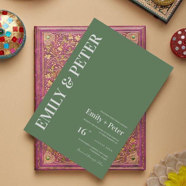 Contemporary Sage Grönt Modern minimalistisk Bröll Inbjudan Vykort (Contemporary Sage Green Modern Minimalist Wedding Invitation Postcard)