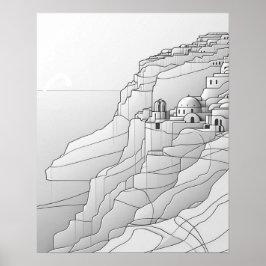 Contemporary Santorini Line Art in Black and White Poster