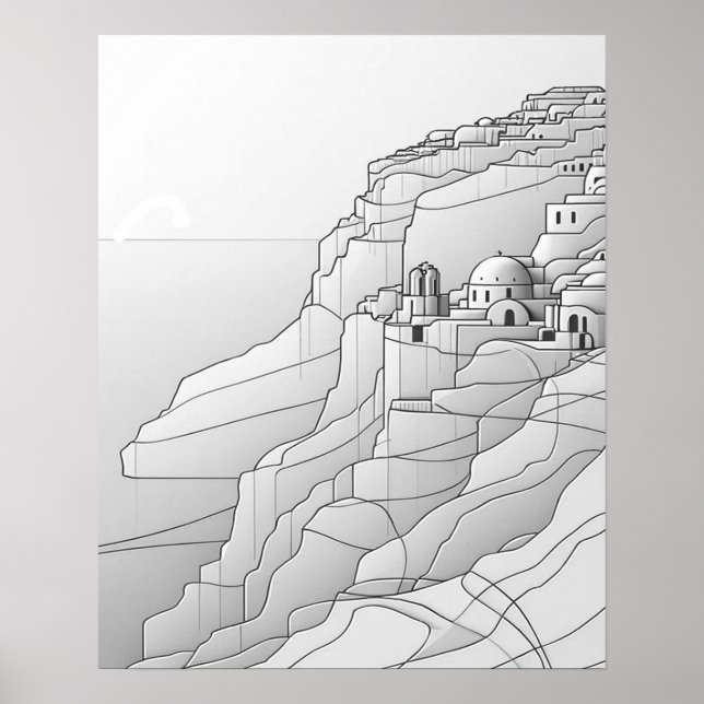 Contemporary Santorini Line Art in Black and White Poster (Framsidan)