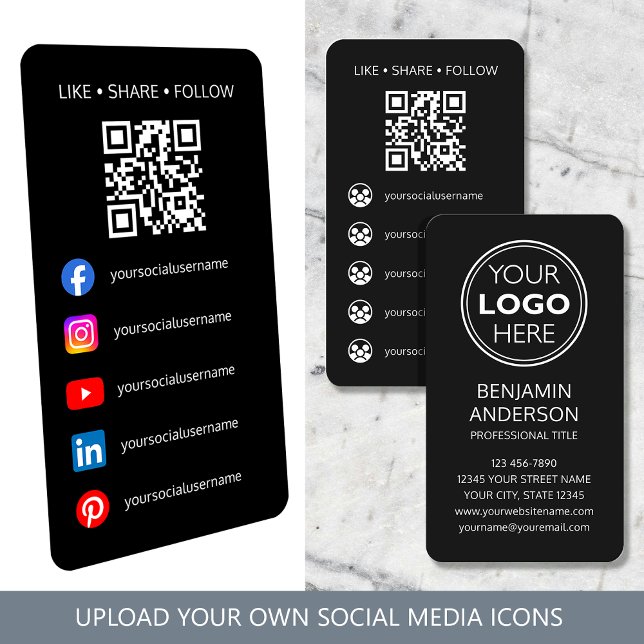 Contemporary Social Media Logo QR Code Black Visitkort (Skapare uppladdad)
