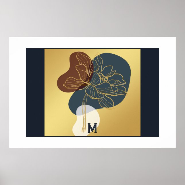 Contemporary Trendig Monogram Guld Whimsical Blomm Poster (Framsidan)