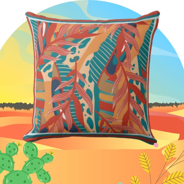 Contemporary Tropical Löv in Red Teal Orange Kudde (Skapare uppladdad)