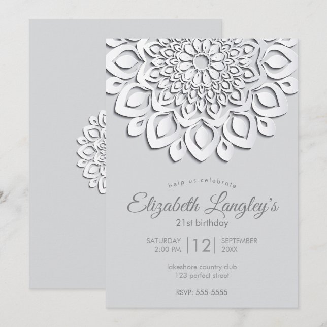 Contemporary White Papper cut Mandala Birthday Inbjudningar (Fram/baksida)
