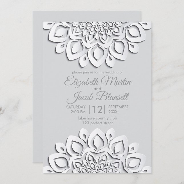 Contemporary White Papper cut Mandala Bröllop Inbjudningar (Fram/baksida)