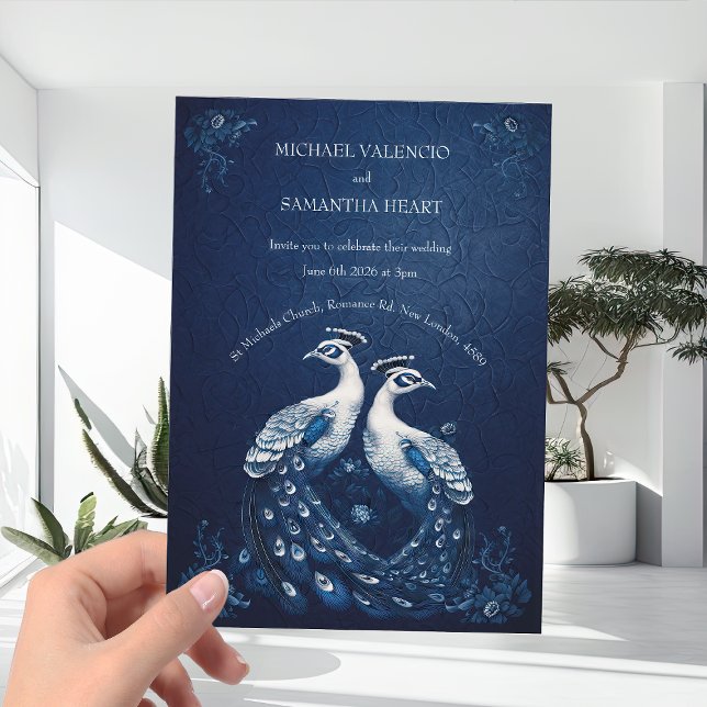 Contemporary White Peacocks på marinblått Bröllop Inbjudningar (Skapare uppladdad)