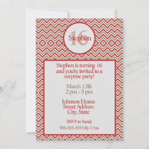 Contemporary Zig Zag Red White och Tan Birthday Inbjudningar