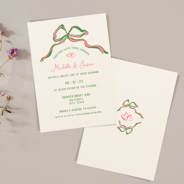 Contemporaryn återloppsfack för återcirkulerande F Inbjudningar (green and pink hand drawn illustration with a bow and two hearts)