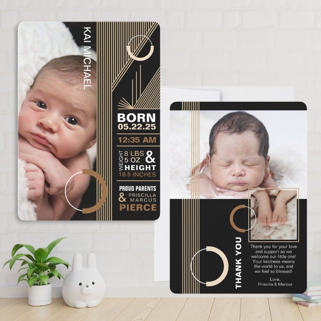 Contemporaryns födelseattentkort inbjudningar (Stylish and modern birth announcement with sleek lines, chic circle accents, and photo slots.)