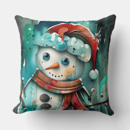 Contemporaryns vattenfärgspets snögubbe kudde