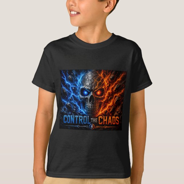 Control the Chaos Skull – Fire & Ice Split Face |  T Shirt (Framsida)