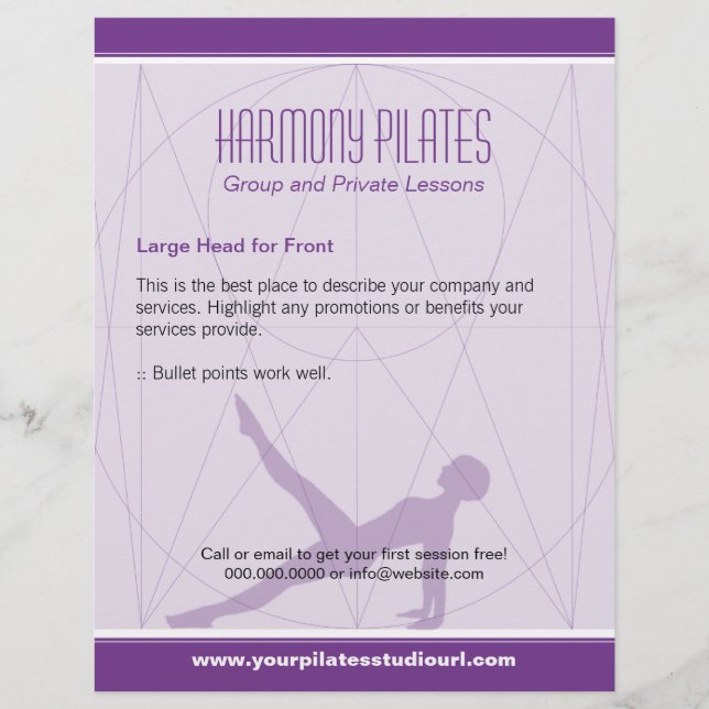 Convergenten fodrar purpurfärgade Pilates Reklamblad (Framsidan)