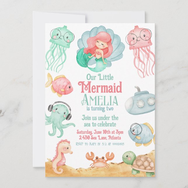Convite de Aniversário da Sereia Inbjudningar (Framsida)