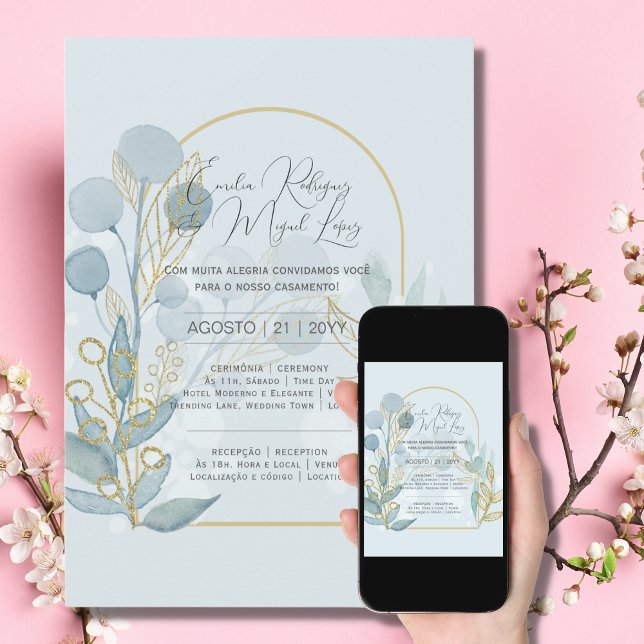 Convite de Casamento Ouro Azul Claro portugisiska Inbjudningar (Skapare uppladdad)