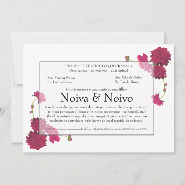 Convite de Casamento personalizável com flores. Inbjudningar (Framsida)