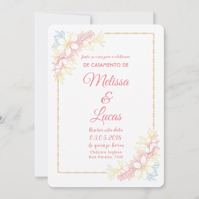 Convite de Casamento personalizável com flores. Inbjudningar (Framsida)