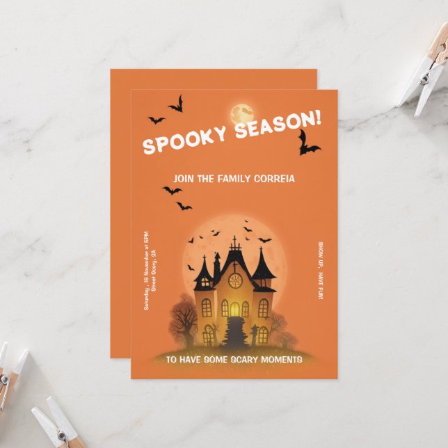 Convite Festa de Haloween Laranja com Mansão Inbjudningar (Fram/Back In Situ)