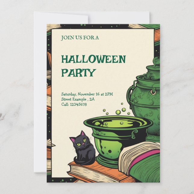 Convite Festa Halloween Caldeirão e Gato Preto Inbjudningar (Framsida)