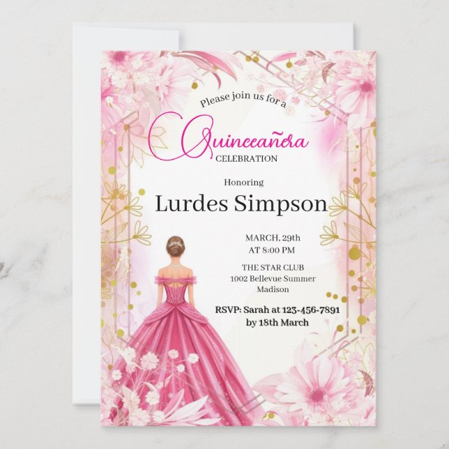 Convite  Quinceañera invitation  Floral Pink Inbjudningar (Framsida)