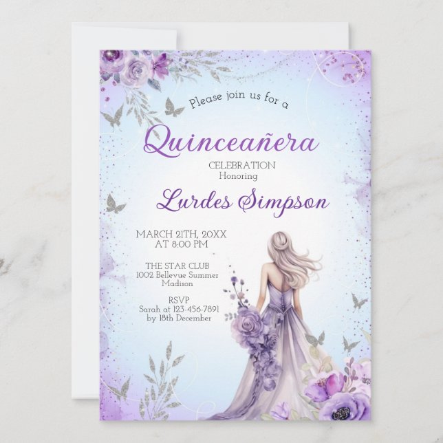 Convite  Quinceañera invitation Purple and Silver Inbjudningar (Framsida)