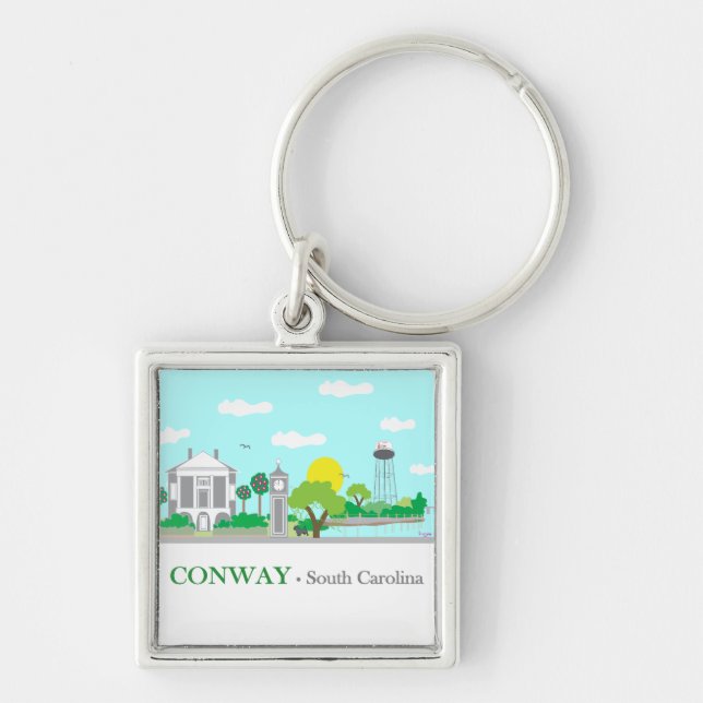 Conway, SC - Charming Fyrkantig Silverfärgad Nyckelring (Framsidan)
